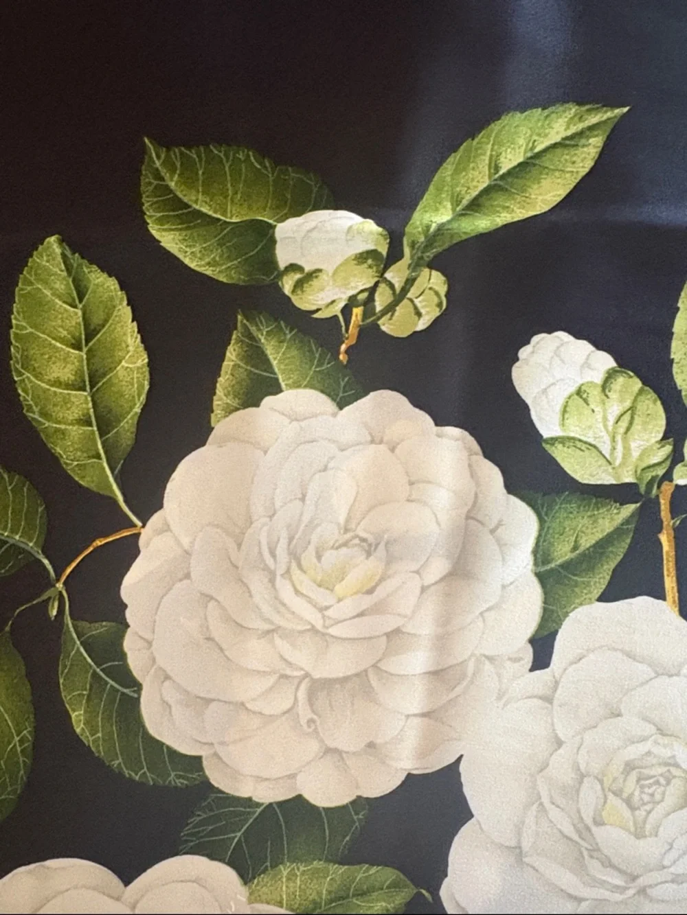 Vintage CHANEL Black Silk Scarf with White Flowers and Green Leaves